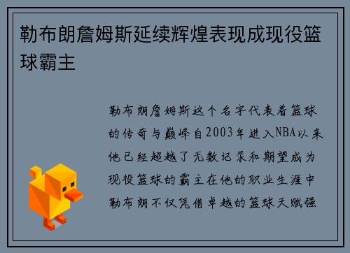 勒布朗詹姆斯延续辉煌表现成现役篮球霸主